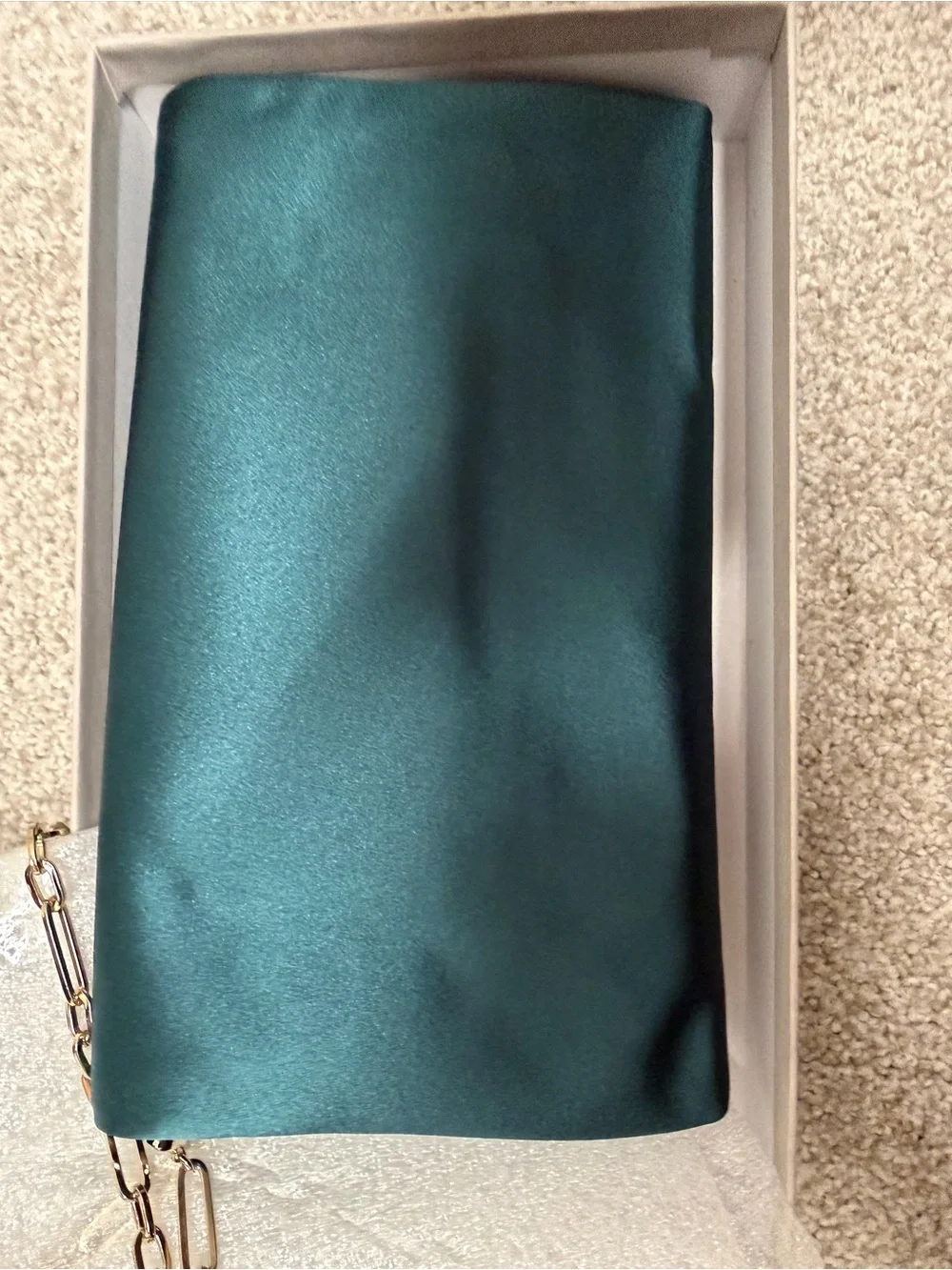 Jimmy Choo Teal Satin Evening Clutch with Crystal Brooch and Gold Chain